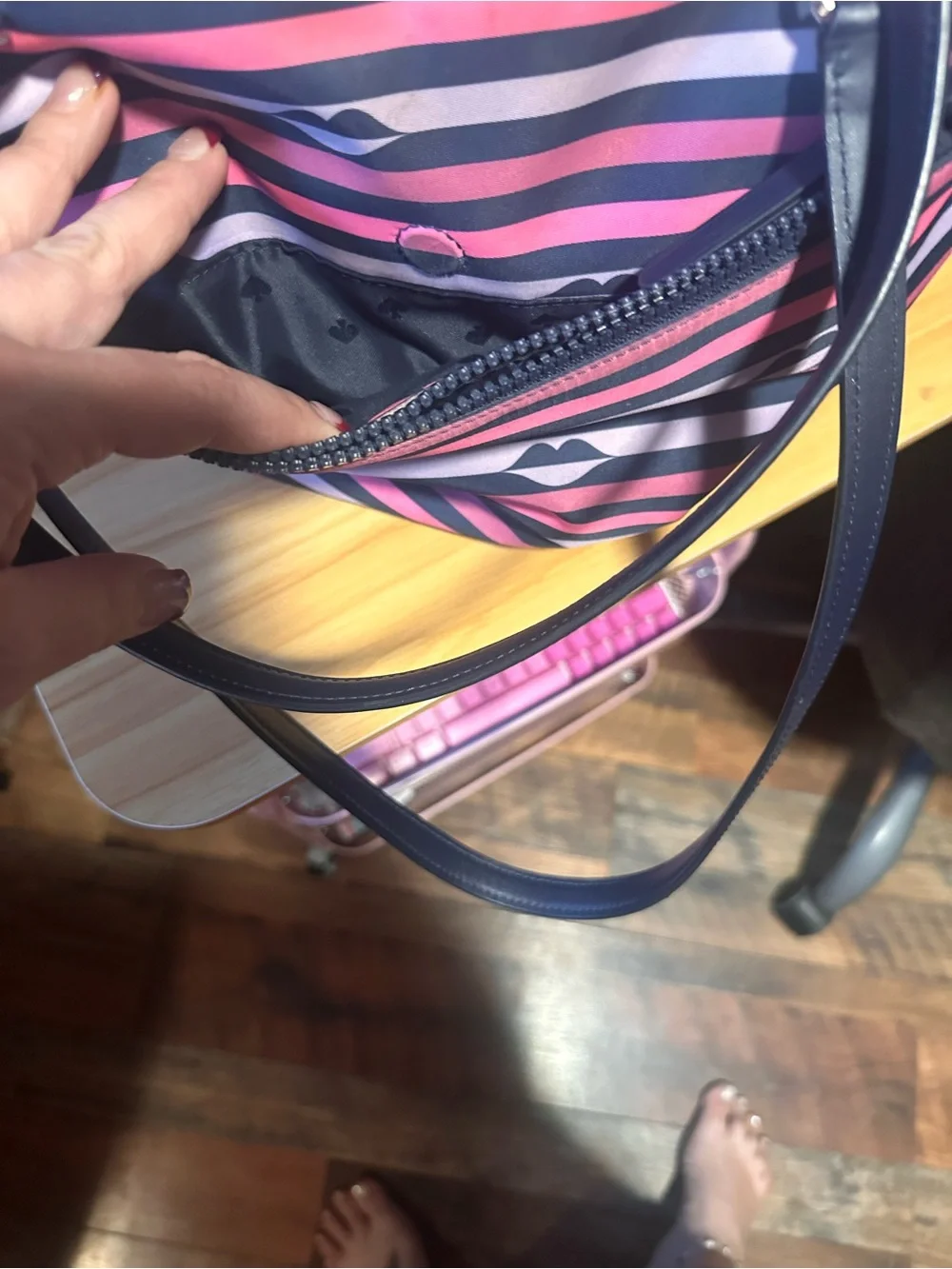 kate spade Pink and Navy Striped Tote with Lip Print